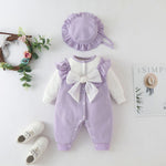 2-Piece Bow Detailed Cotton Romper Set With Hat purple