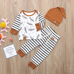 3-Piece Outfit Set – Feather Print Top, Striped Pants & Hat - Aristo Baby