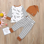 3-Piece Outfit Set – Feather Print Top, Striped Pants & Hat - Aristo Baby