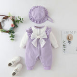 2-Piece Bow Detailed Cotton Romper Set With Hat purple