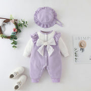 2-Piece Bow Detailed Cotton Romper Set With Hat purple