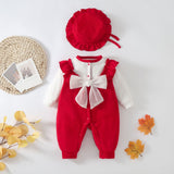 2-Piece Bow Detailed Cotton Romper Set With Hat