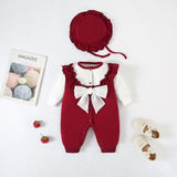 2-Piece Bow Detailed Cotton Romper Set With Hat burgundy
