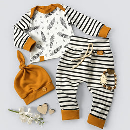 3-Piece Outfit Set – Feather Print Top, Striped Pants & Hat - Aristo Baby