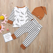 3-Piece Outfit Set – Feather Print Top, Striped Pants & Hat - Aristo Baby