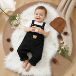 Black Black Corduroy Baby Overalls with Bear Patch