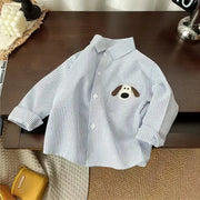 Blue Striped Boys Button-Down Shirt with Dog Patch