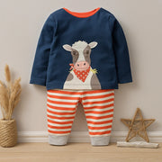 2-Piece Cow Sweatshirt and Striped Pants Set