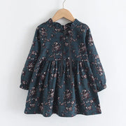 Vintage Floral Ruffle Neck Girls Midi Dress with Bow Detail