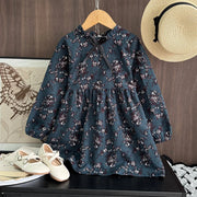 Dark green girls vintage floral dress with bow detail