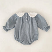 Vintage Long Sleeve Ruffle Romper with Floral Collar