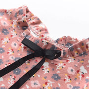 Vintage Floral Ruffle Neck Girls Midi Dress with Bow Detail