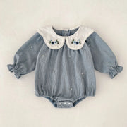 Vintage Long Sleeve Ruffle Romper with Floral Collar