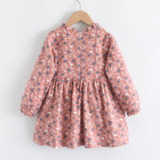 Vintage Floral Ruffle Neck Girls Midi Dress with Bow Detail