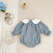 Vintage Long Sleeve Ruffle Romper with Floral Collar