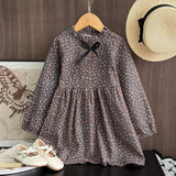 Vintage Floral Ruffle Neck Girls Midi Dress with Bow Detail