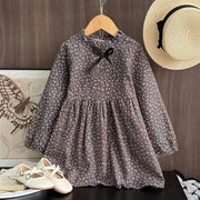 Vintage Floral Ruffle Neck Girls Midi Dress with Bow Detail