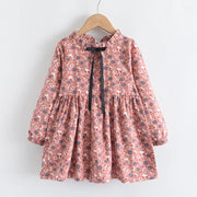 Vintage Floral Ruffle Neck Girls Midi Dress with Bow Detail
