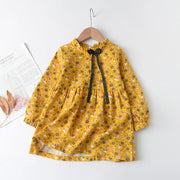 Vintage Floral Ruffle Neck Girls Midi Dress with Bow Detail