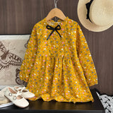 Vintage Floral Ruffle Neck Girls Midi Dress with Bow Detail