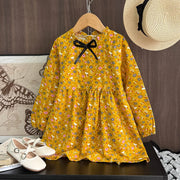 Vintage Floral Ruffle Neck Girls Midi Dress with Bow Detail