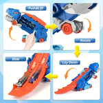 Transforming T-Rex dinosaur race track set standing with dual lanes for kids