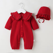 baby girl 2-Piece Set burgundy Romper with Floral Collar and Hat