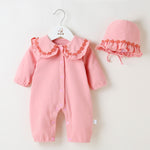 baby girl 2-Piece Set pink Romper with Floral Collar and Hat