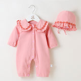 baby girl 2-Piece Set pink Romper with Floral Collar and Hat